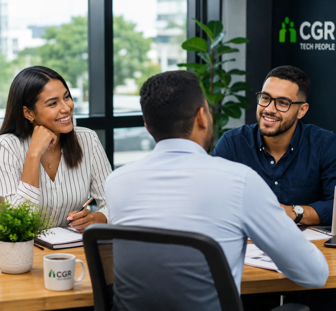 Equipo de profesionales de CGR Tech People reunidos en una oficina moderna colaborando en estrategias de carrera, derechos laborales y desarrollo profesional.